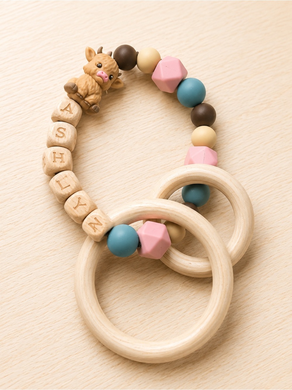 Personalized Wooden Teething Rattle with Pink and Blue Beads